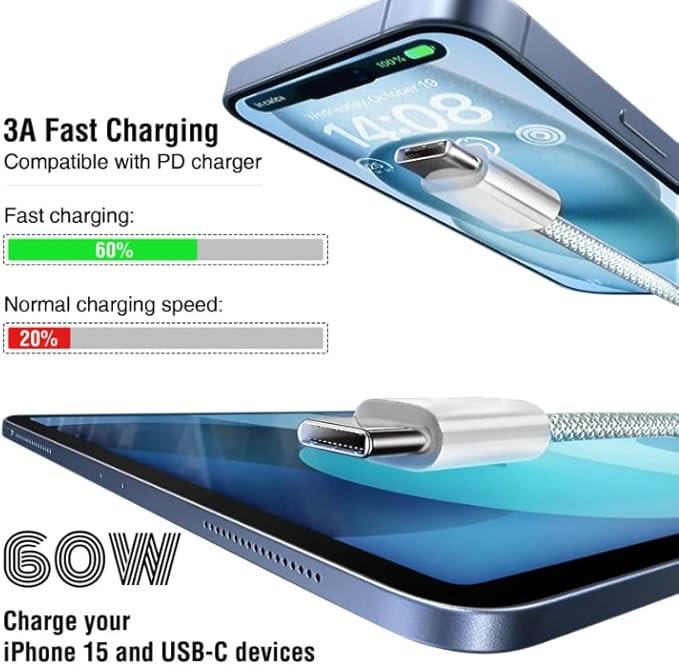 USB C Type-C Cable compatible with iPhone 15 Pro Max, 16 Pro Max, Fast Charging, Charger Accessories, 15 Plus, 16, Plus 60W (1M) - Image 3
