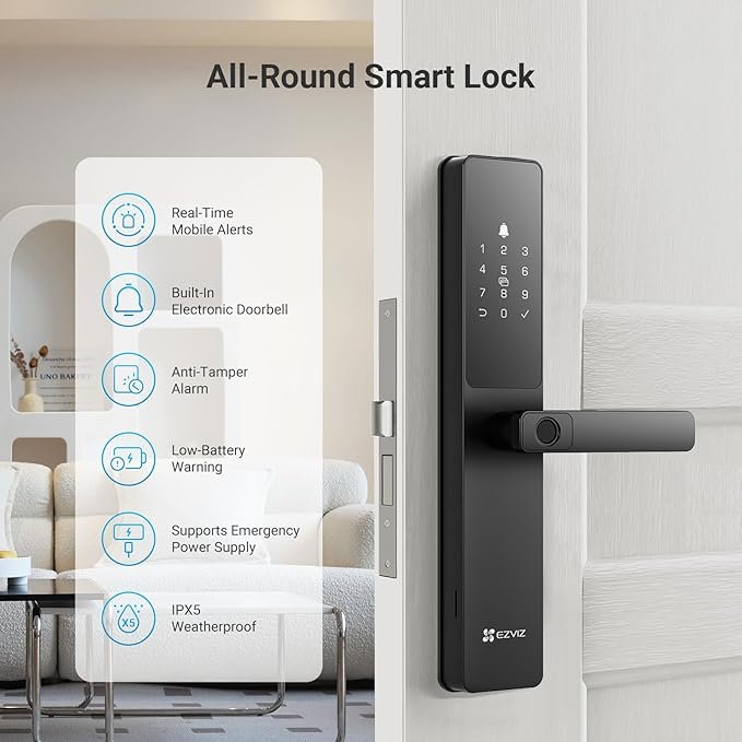 EZVIZ Smart Lock Y2000, 7-in-1 Smart Door Lock & Keyless Entry Door Lock, Built-in Wifi Fingerprint Access, Weather-Resistant, Child Safety Lock for Home, Apartment, Villa, Office, Hotel (5085) - Image 3